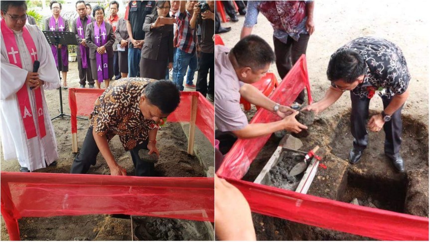 Bupati Mewoh Dampingi Gubernur OD letakkan batu pertama pembangunan menara GMIM Efrata&nbsp;Kanonang