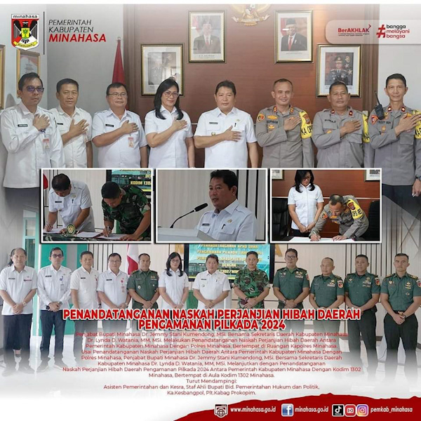 Bupati Kumendong bersama Sekda Watania Teken NPHD Pengamanan Pilkada 2024 dengan Kapolres dan Dandim 1302&nbsp;Minahasa