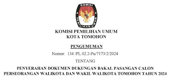 KPU Tomohon Umumkan Penyerahan Dokumen Dukungan Bakal Pasangan Calon Perseorangan Walikota dan Wakil Walikota Tomohon Tahun&nbsp;2024