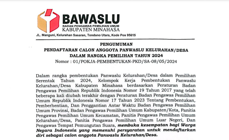 Pengumuman Pendaftaran Calon Anggota Panwaslu Kelurahan Desa Dalam Pemilihan Tahun&nbsp;2024
