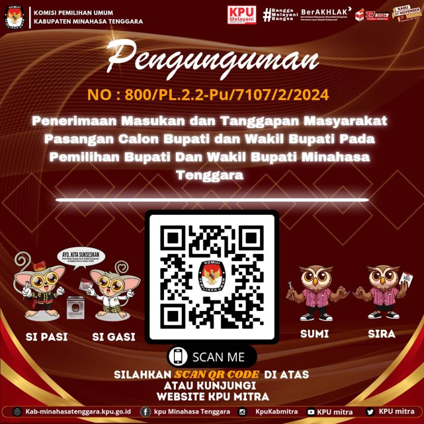 KPU Mitra Umumkan Penerimaan Masukan dan Tanggapan Terkait Pasangan Bupati dan Wakil Bupati Untuk Pilkada&nbsp;2024