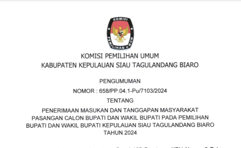 KPU Sitaro Umumkan Tentang Penerimaan Masukan dan Tanggapan Masyarakat Paslon Bupati dan Wakil Bupati pada Pilkada&nbsp;2024