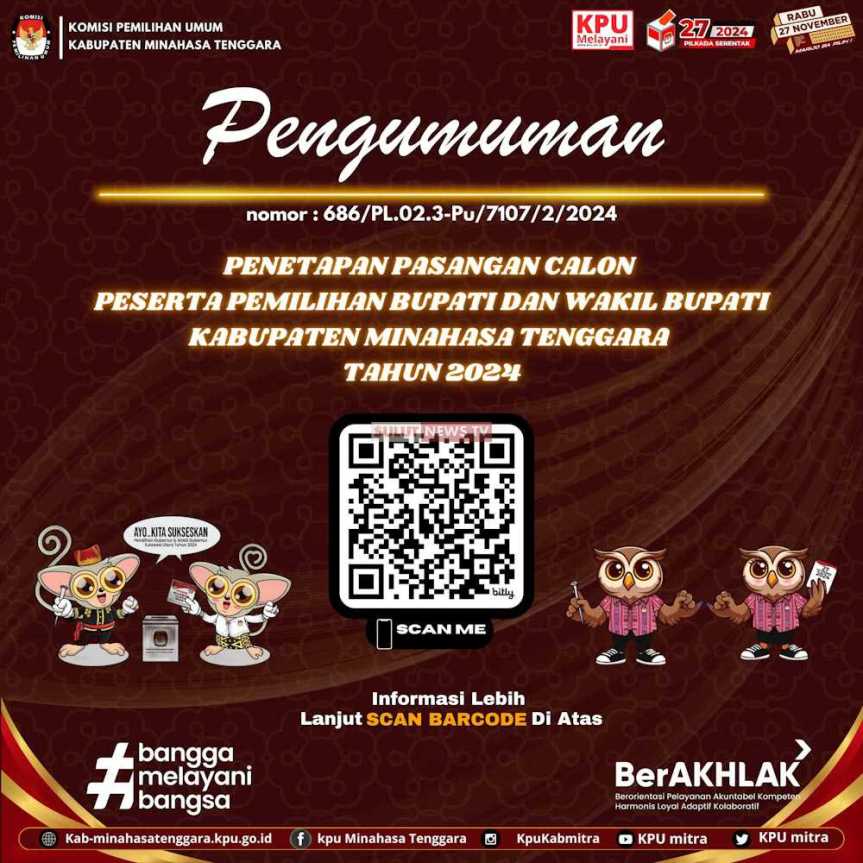 Pengumuman Penetapan Pasangan Calon Peserta Pemilihan Bupati dan Wakil Bupati Minahasa Tenggara tahun&nbsp;2024